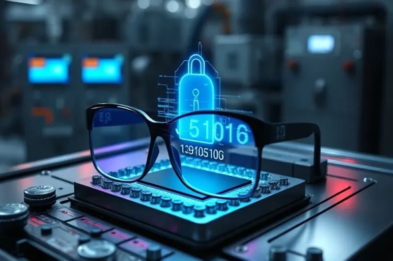 Equipo de realidad aumentada sobre una consola industrial con proyecciones holográficas de seguridad.