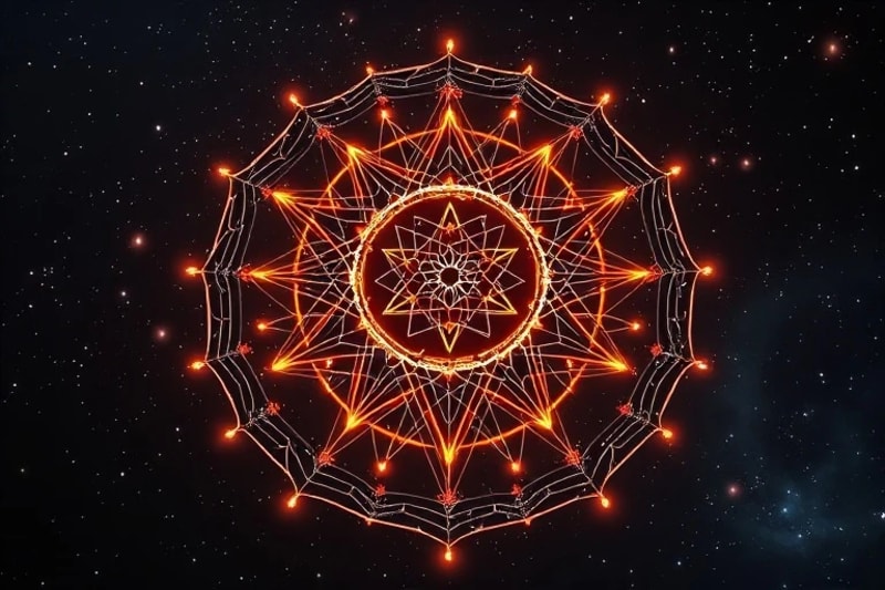 Red intrincada de nodos y líneas que representan el flujo de datos y las influencias astrológicas en un entorno virtual oscuro y estrellado