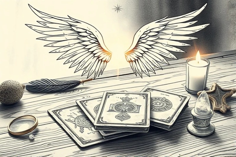Cartas de tarot antiguas sobre una mesa de madera con un contorno etéreo de alas de ángel.