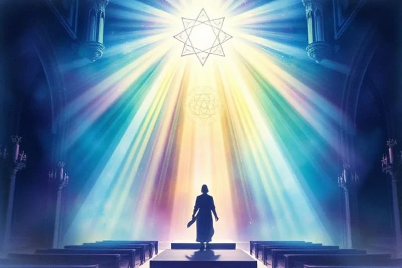 Patrones abstractos de luz y color que representan energía espiritual descendiendo hacia una silueta humana rodeada de símbolos angélicos.