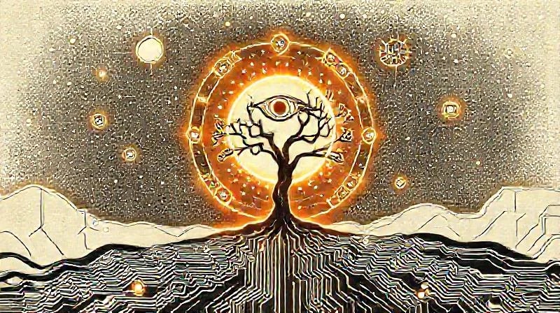 Alchemical symbols integrated into a futuristic circuit board landscape