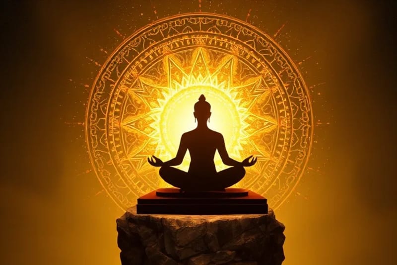 Silueta humana meditando con círculos de calma y ruido digital desvaneciéndose