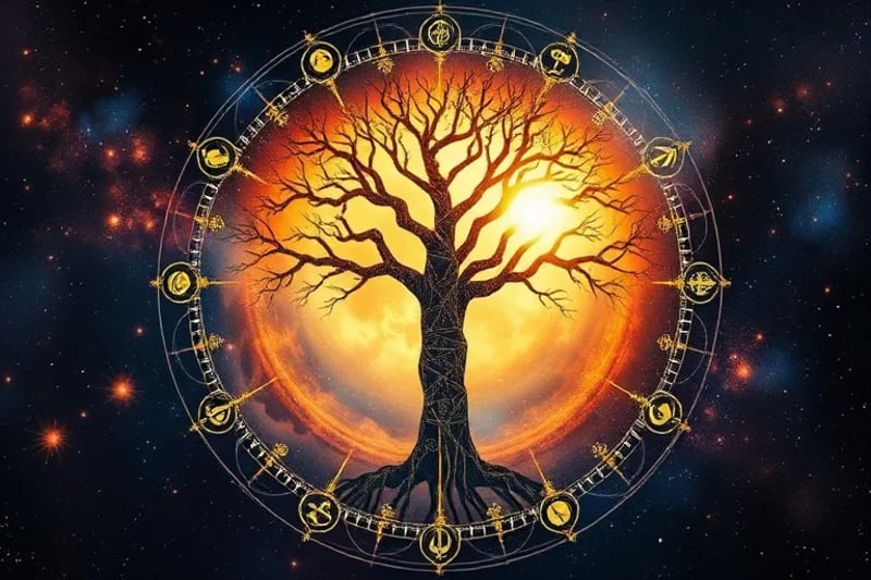 Abstract digital painting of a human silhouette reaching for a cosmic tree with astrological symbols