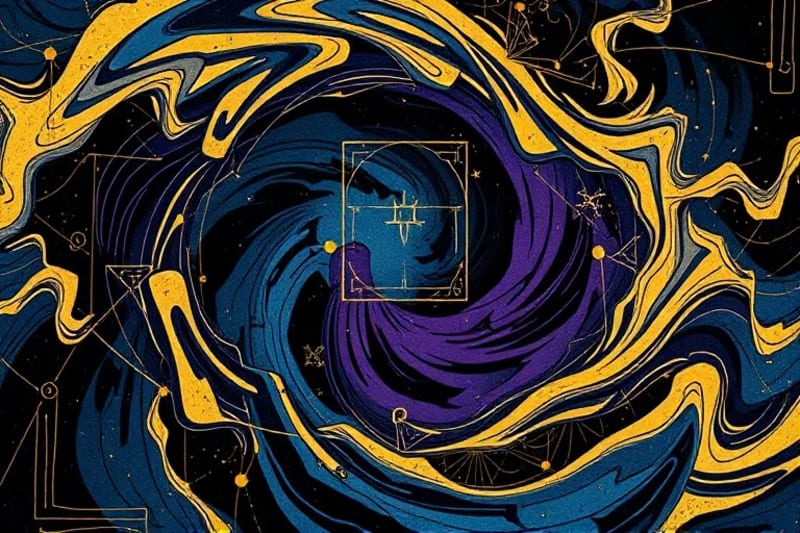 Abstract art of swirling blues, purples, and golds with subtle geometric patterns and astrological symbols
