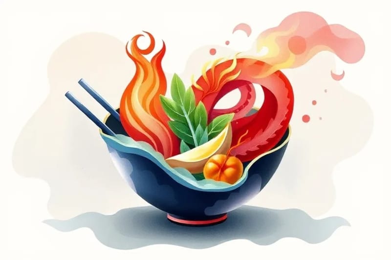 Representación abstracta de los cinco elementos chinos fluyendo en un plato de comida, con colores suaves y armoniosos.