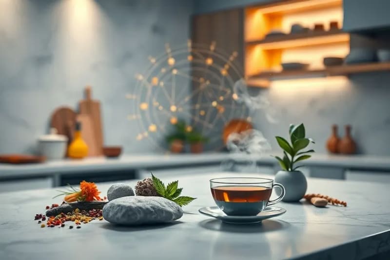 Cocina minimalista con ingredientes frescos y elementos decorativos que evocan equilibrio y armonía.