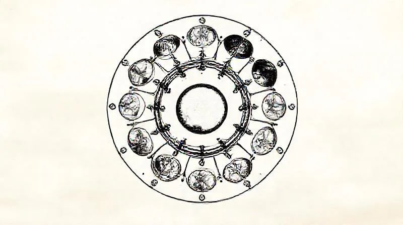 Stylized zodiac wheel with 28 detailed segments and ethereal glow