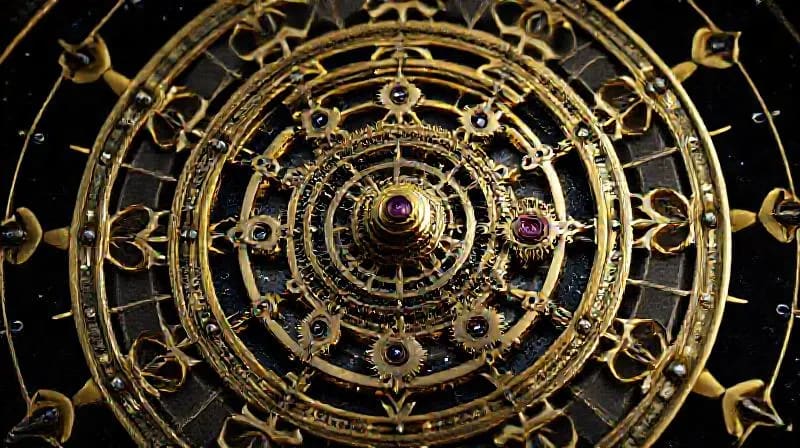 Intricate clockwork mechanism intertwined with celestial gears, abstract