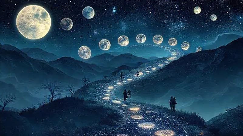 Winding path through mystical landscape with moon phases and planetary glyphs
