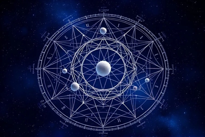 Abstract 3D render of interconnected geometric shapes and lines forming a dynamic network, symbolizing astrological aspects