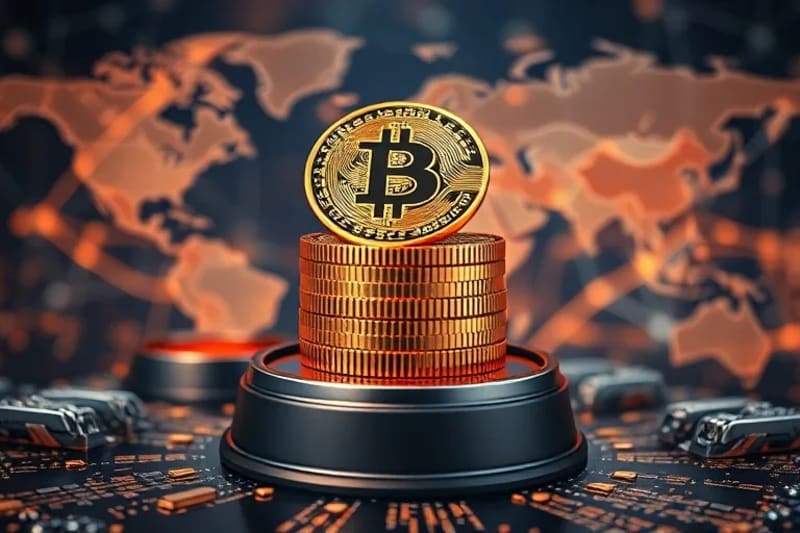Bodegón conceptual de una pila de monedas digitales sobre un pedestal, rodeado de líneas de código, con un mapa global de fondo.