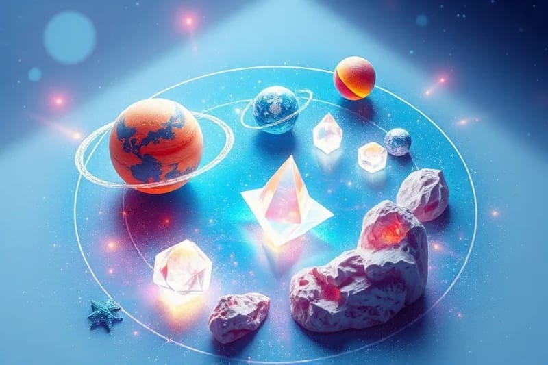 Pintura de acuarela de un sistema solar estilizado con cristales
