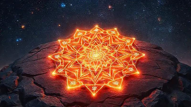 Rejilla de cristal geométrica brillante con símbolos planetarios