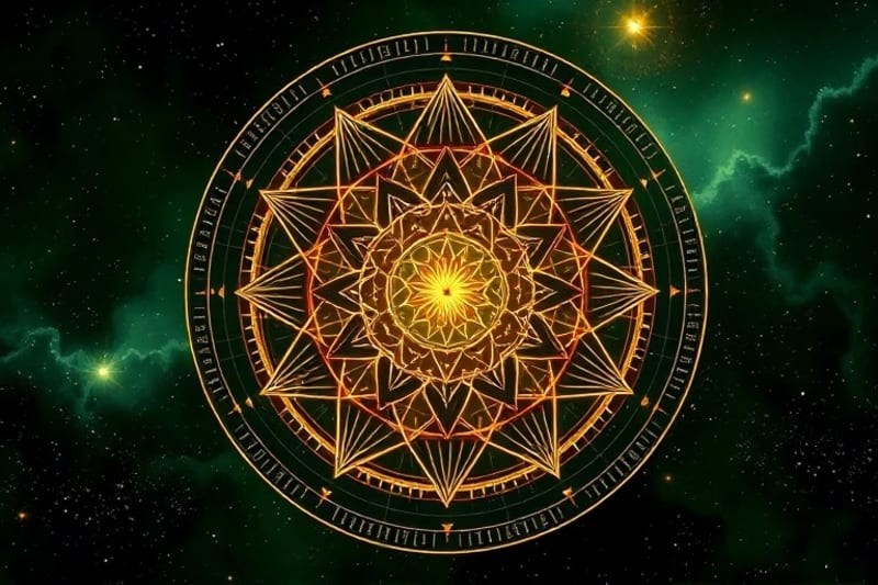 Astrological symbols interwoven with abstract DNA strands