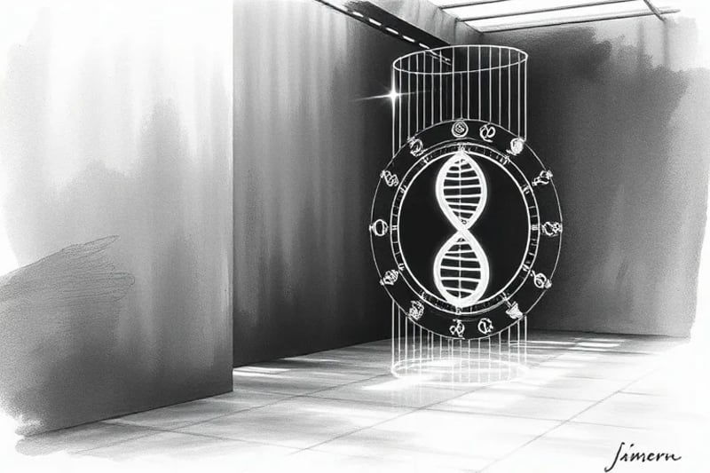 Holographic projections of birth charts and genetic sequences in a futuristic lab