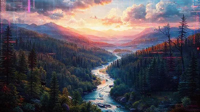 Paisaje exuberante con río y fauna en armonía