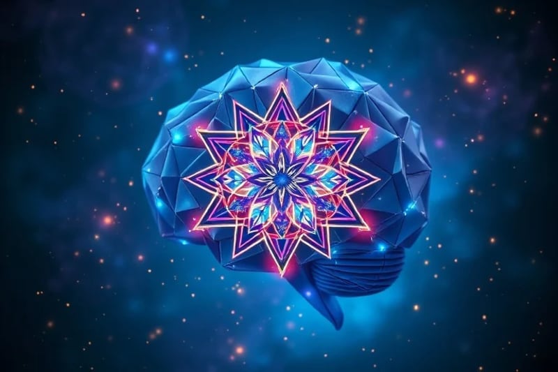 La Conexión Cósmica de la Mente y la Geometría Representación de un cerebro humano etéreo con vías neurales brillantes, entrelazadas con patrones geométricos sagrados y símbolos astrológicos, bajo una iluminación cósmica.