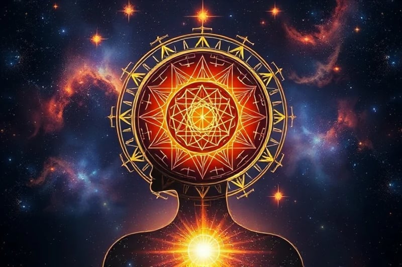 Reconfiguración Mental a Través de Patrones Silueta humana en meditación, emanando luz que forma patrones geométricos y símbolos astrológicos, sobre un fondo cósmico.