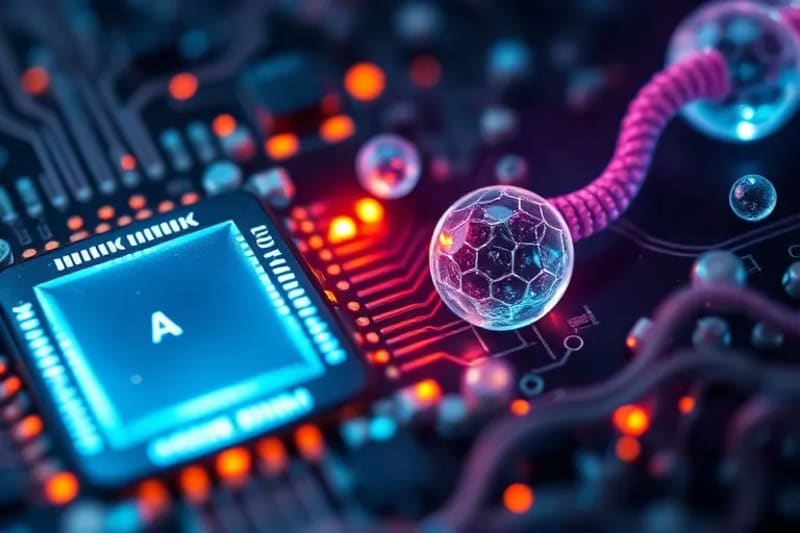 Vista microscópica de células humanas reparándose y regenerándose, con estructuras celulares detalladas y luz curativa.