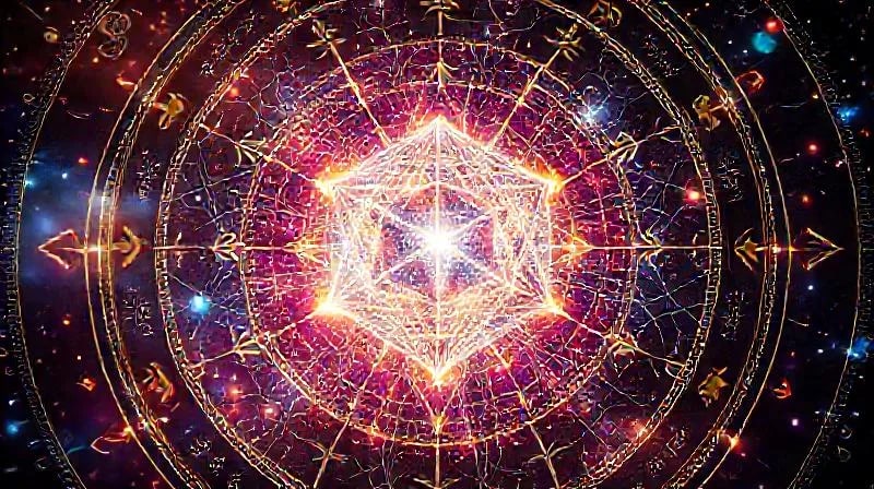 Patrones Divinos en la Conectividad Cerebral Modelo 3D iridiscente de un sólido platónico en el centro de un diagrama de red neuronal, con nodos brillantes y geometría simétrica.
