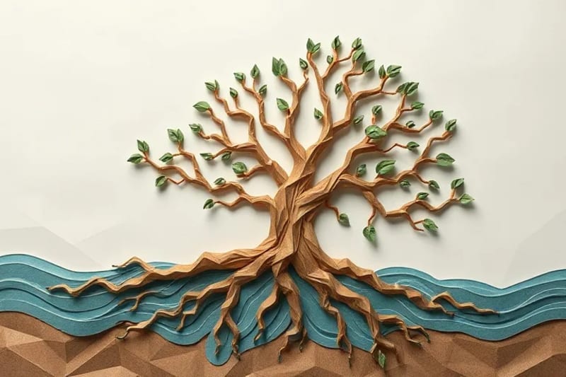 Arte abstracto que representa la longevidad y la vitalidad a través de raíces de árboles entrelazadas, agua fluyendo y patrones geométricos, con una paleta de colores terrosos.