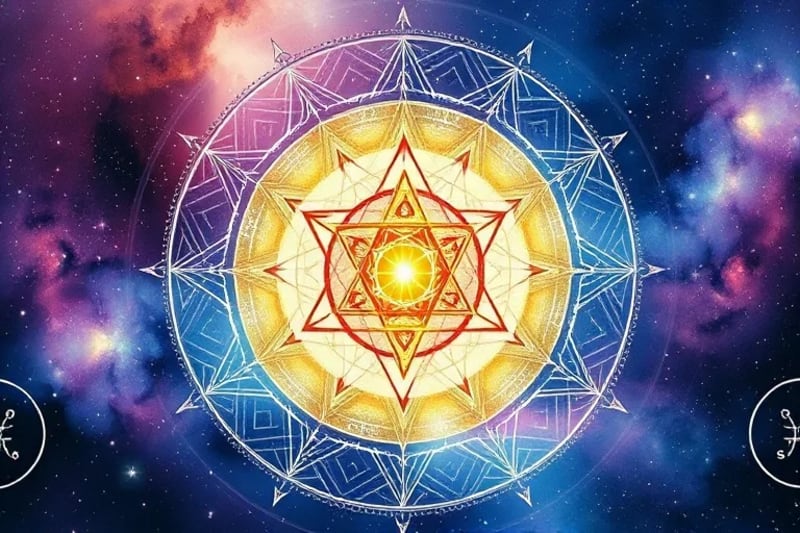 Watercolor illustration of interconnected geometric symbols with faint tarot imagery