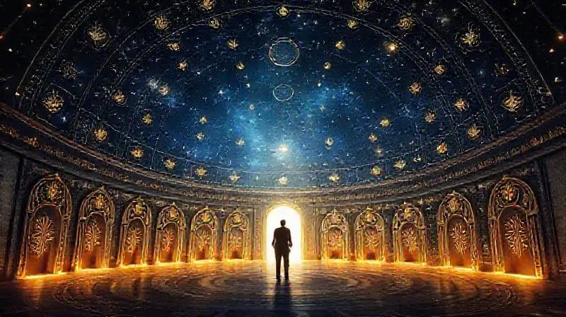 Representación estilizada de un laberinto con doce puertas o estaciones, cada una con símbolos zodiacales, y una figura solitaria en la entrada, simbolizando el inicio de un viaje interior.