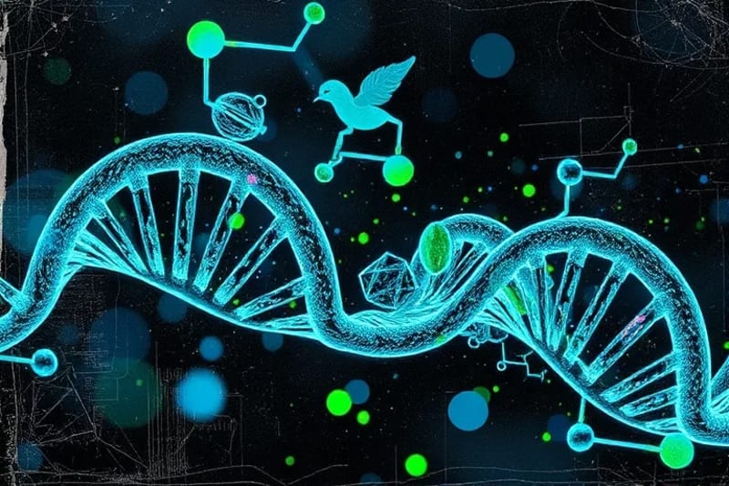Genómica y nutrición molecular Representación artística de cadenas de ADN entrelazadas con elementos alimenticios.