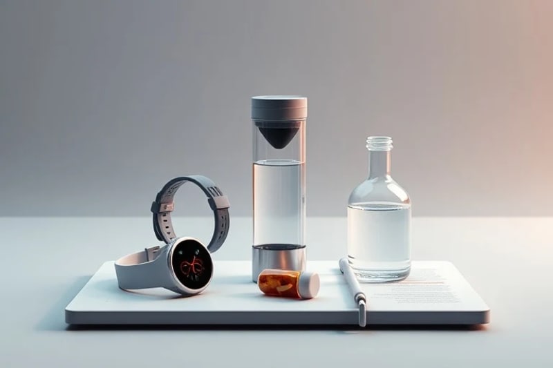 Innovación y control en biohacking nutricional Composición minimalista de herramientas de biohacking como un reloj inteligente y suplementos.