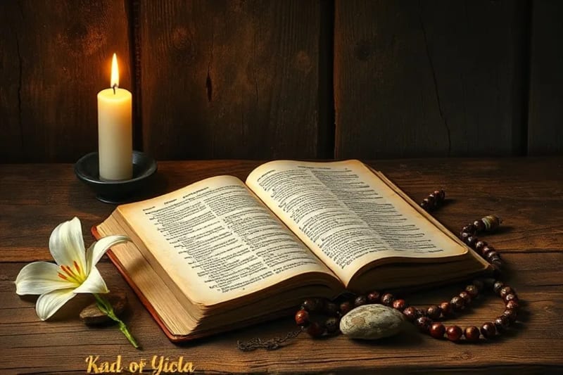 Símbolos de Fe y Perseverancia Espiritual Bodegón conceptual de una Biblia abierta, una vela encendida y un rosario, símbolos de fe y contemplación