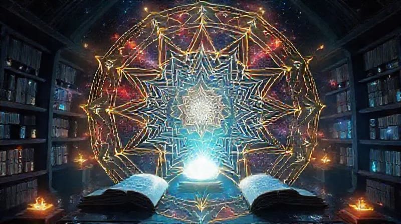 Archivo futurista con pergaminos luminosos y proyecciones holográficas de datos y símbolos