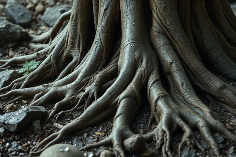 Raíces de la Fe: Resistencia y Profundidad Primer plano de raíces de árbol entrelazadas en suelo rocoso, simbolizando la fuerza y la profundidad de la fe espiritual