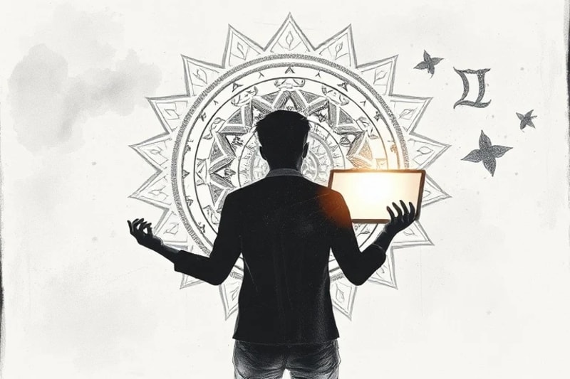 Stylized digital healing session with abstract energy flows and ancient symbols surrounding a person's silhouette.