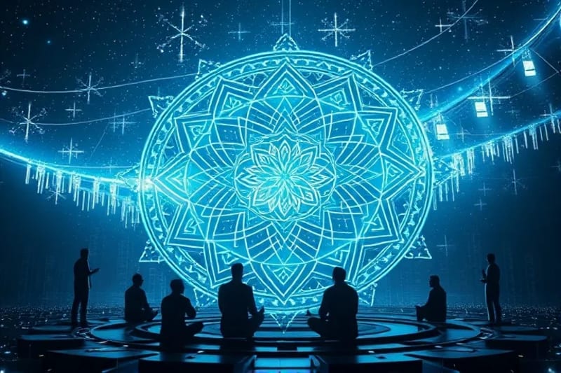 Serene virtual temple with holographic nature projections and circuit board patterns, diverse people meditating in a circle.