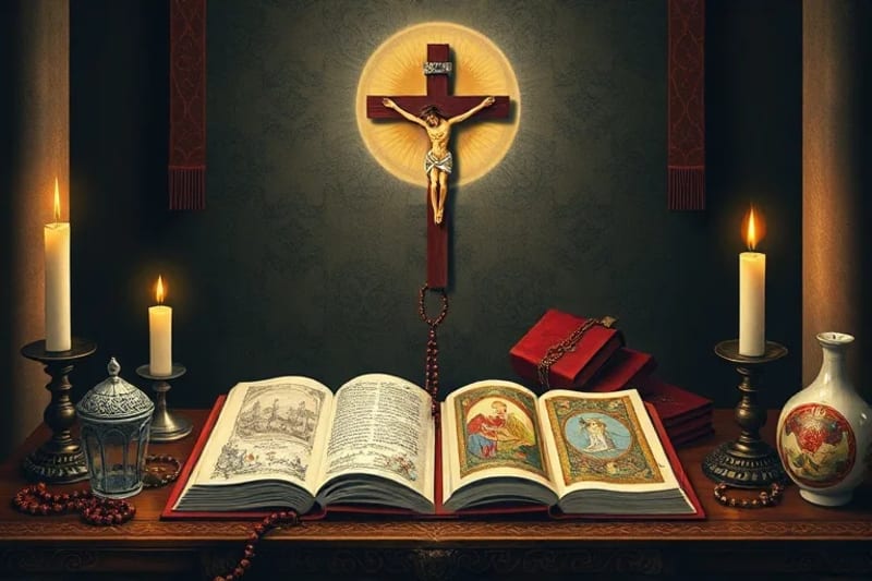 Objetos sacramentales sobre un altar antiguo