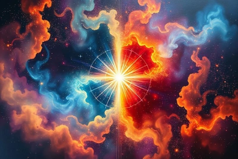 Abstract digital painting of two distinct energy signatures, warm and cool, resonating across a void, connected by shimmering filaments of light, with a background of swirling subatomic particles.
