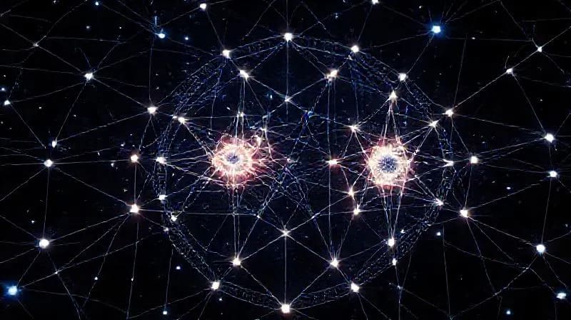 Complex 3D render of an interconnected network of glowing nodes and lines, resembling a cosmic web, with two prominent nodes pulsating in perfect synchronicity, illustrating non-local quantum correlation.