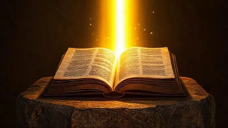 Libro antiguo iluminado por un rayo de luz, disipando símbolos digitales distorsionados