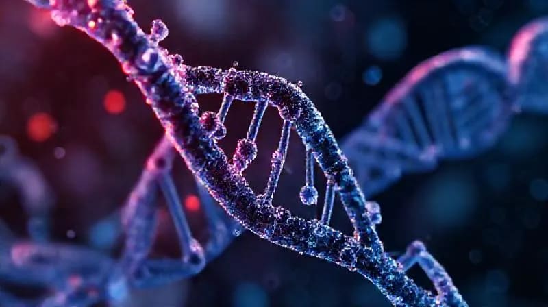 Vista macro de estructuras de ADN interactuando con nanopartículas, simbolizando la precisión de la medicina personalizada a nivel molecular.