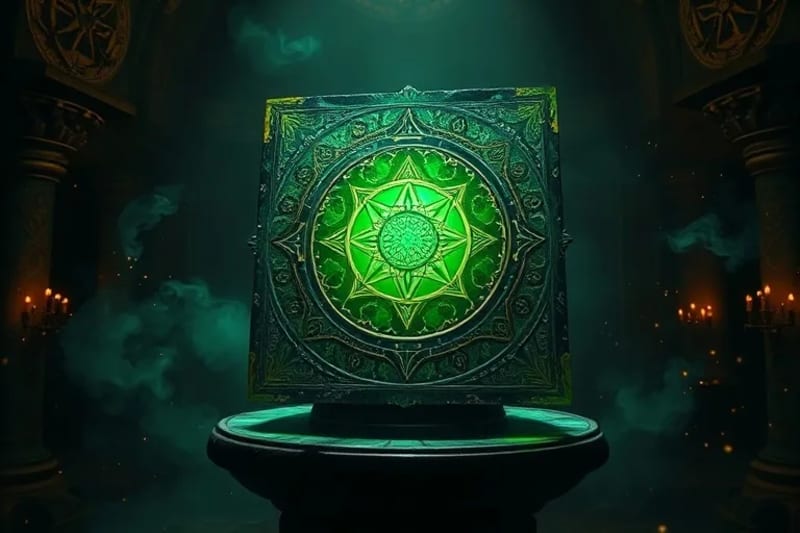 The Emerald Tablet: Ancient Wisdom Ancient stone tablet glowing with mystical green light and alchemical symbols