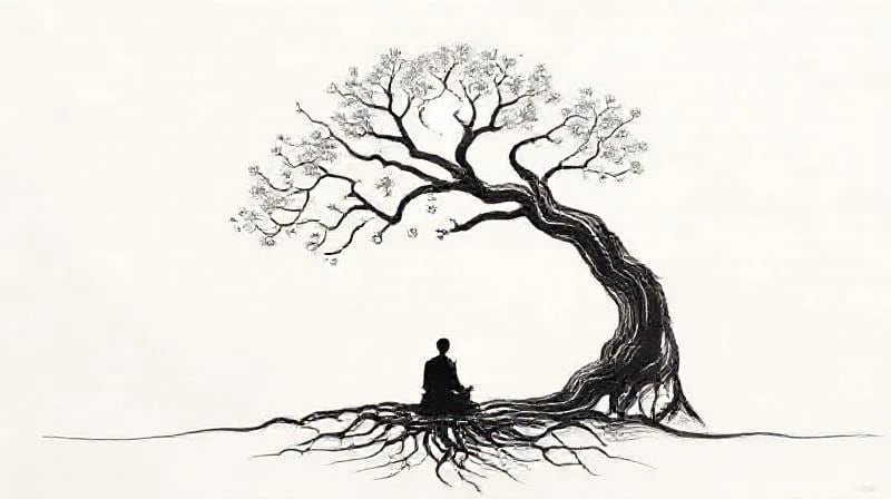 Persona meditando bajo un árbol estilizado, con raíces en la tierra y ramas hacia el cielo, evocando paz.