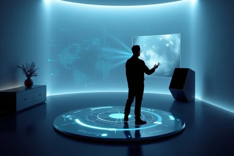 Estudio futurista con figura humana interactuando con hologramas de creaciones artísticas