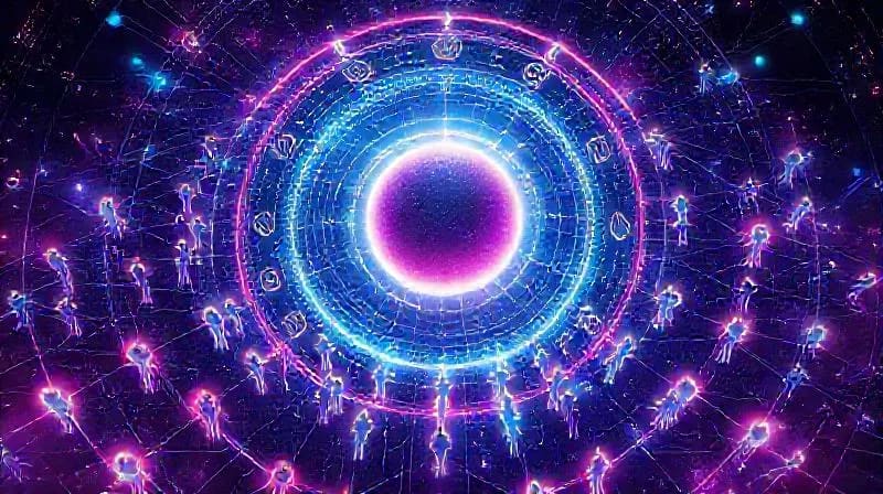 Abstract digital painting of planetary orbits and glowing human figures representing global consciousness.