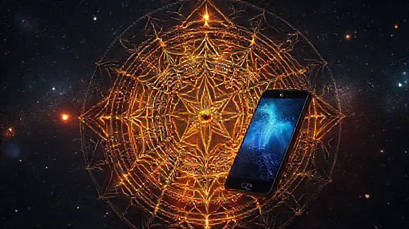 Conceptual still life of a vintage astrolabe and a modern smartphone connected by glowing threads.
