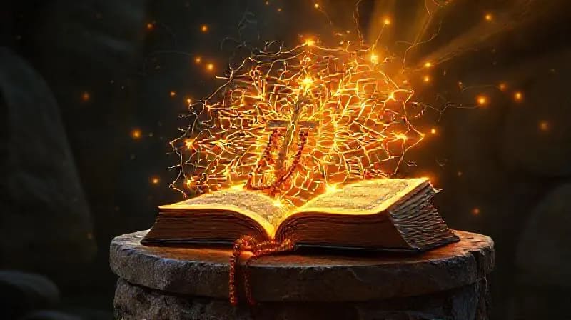 Integración de símbolos religiosos con diagramas científicos y elementos digitales