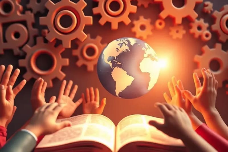 Conceptual still life of gears, open book, and hands reaching for data sphere