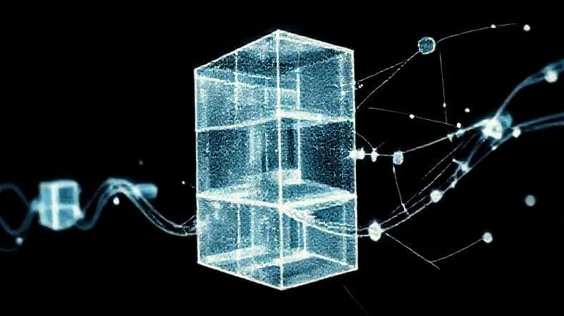 Abstract 3D render of interlocking geometric blockchain blocks with glowing connections