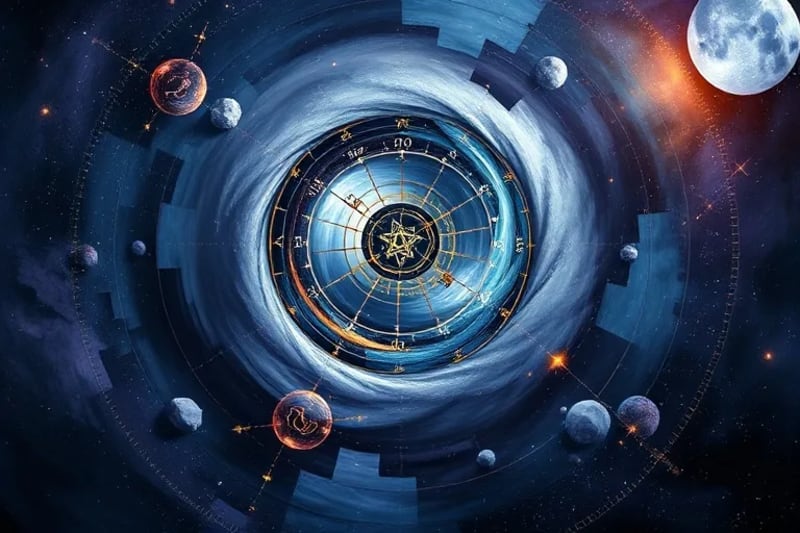 Representación abstracta de la sombra psicológica con símbolos zodiacales