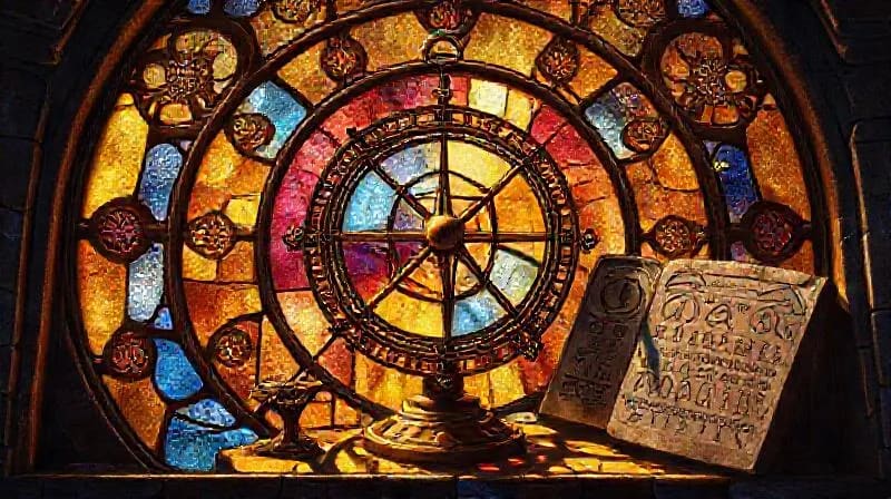 Ancient astronomical instruments and inscribed tablets, cuneiform, hieroglyphs, celestial charts, ancient wisdom symbols