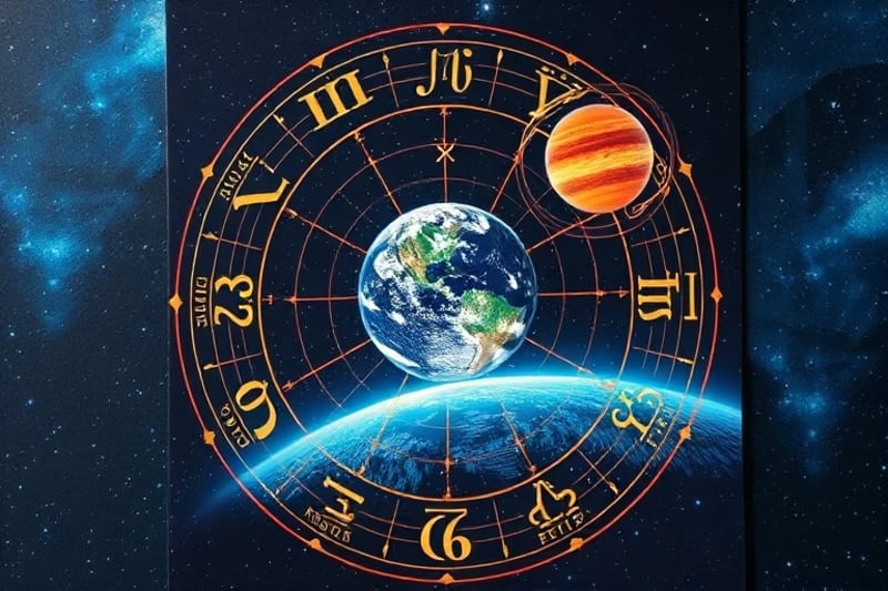 Abstract cosmic tapestry, geometric patterns, glowing planetary spheres, interconnected light lines, ancient cosmology